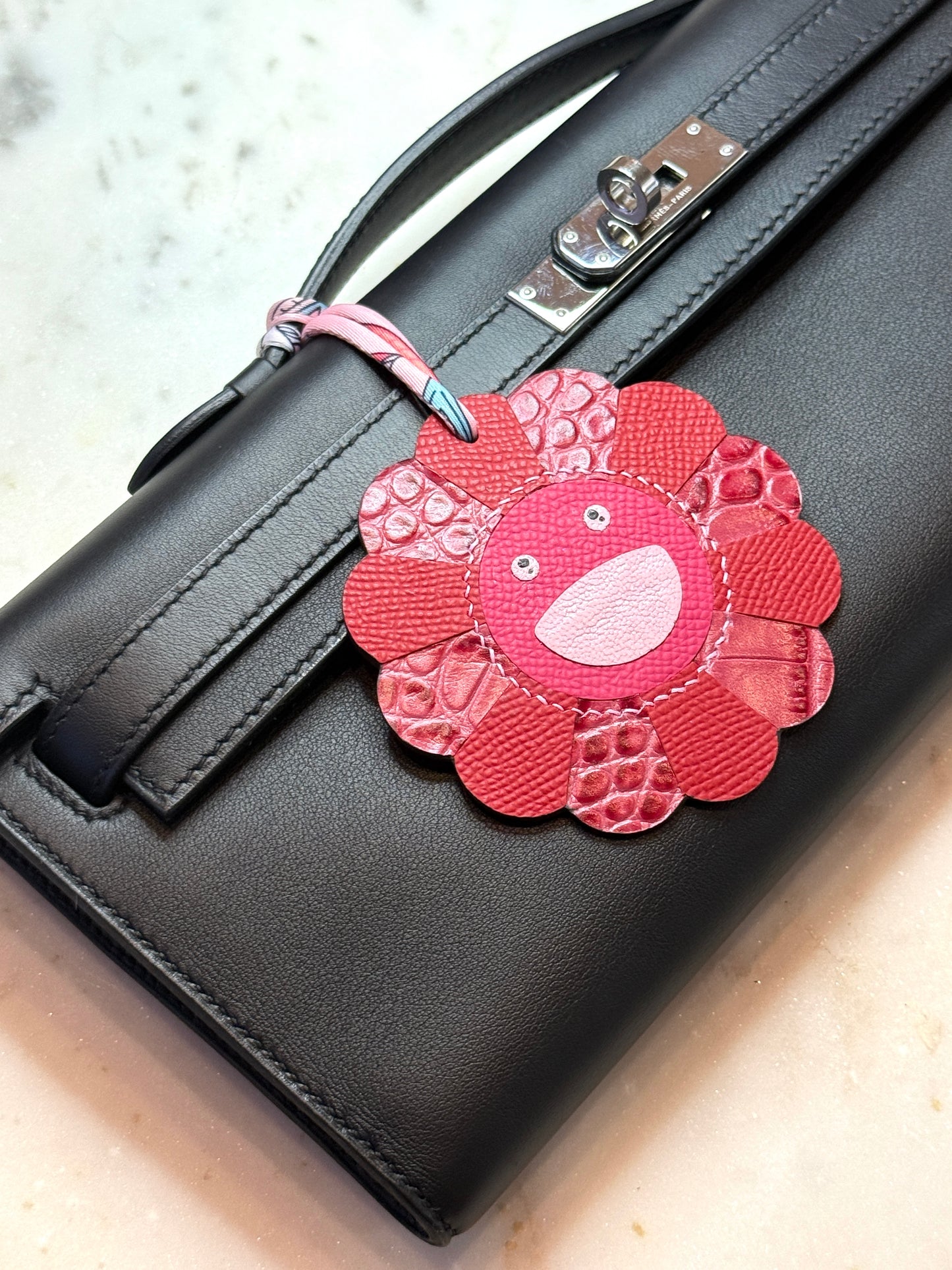 Flower bag charms pink stamped crocodile and calfskin