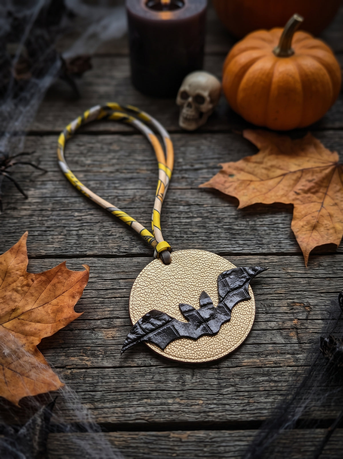 Bat Halloween Bag Charm gold chèvre & matte black crocodile