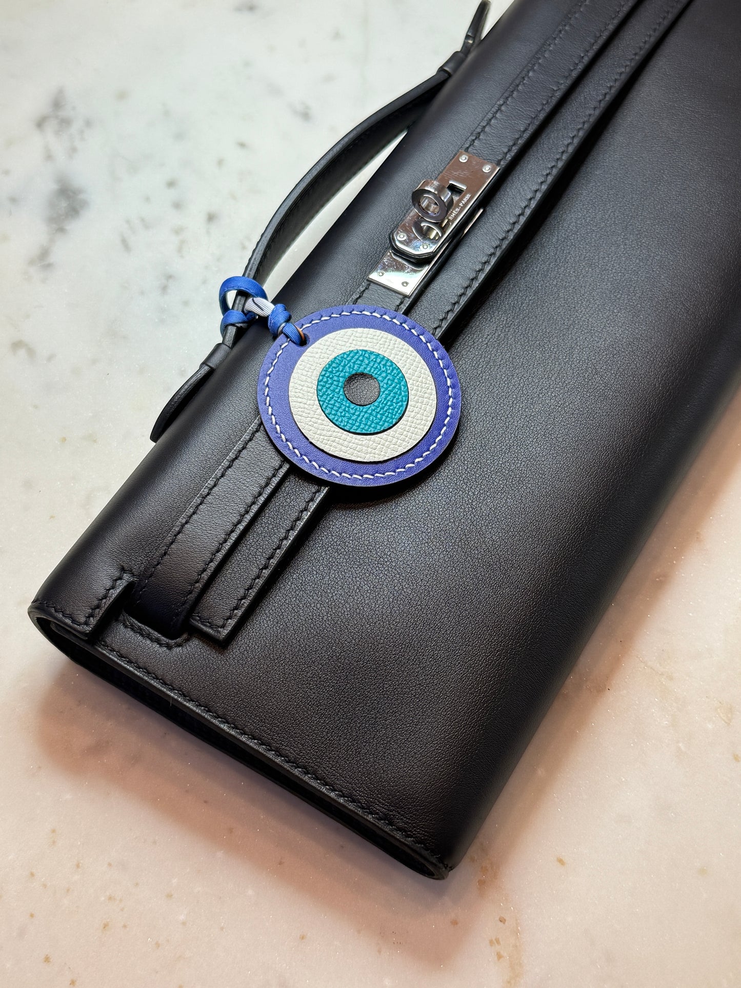 Evil eye bag charms blue and white calfskin