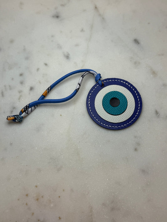 Evil eye bag charms blue and white calfskin