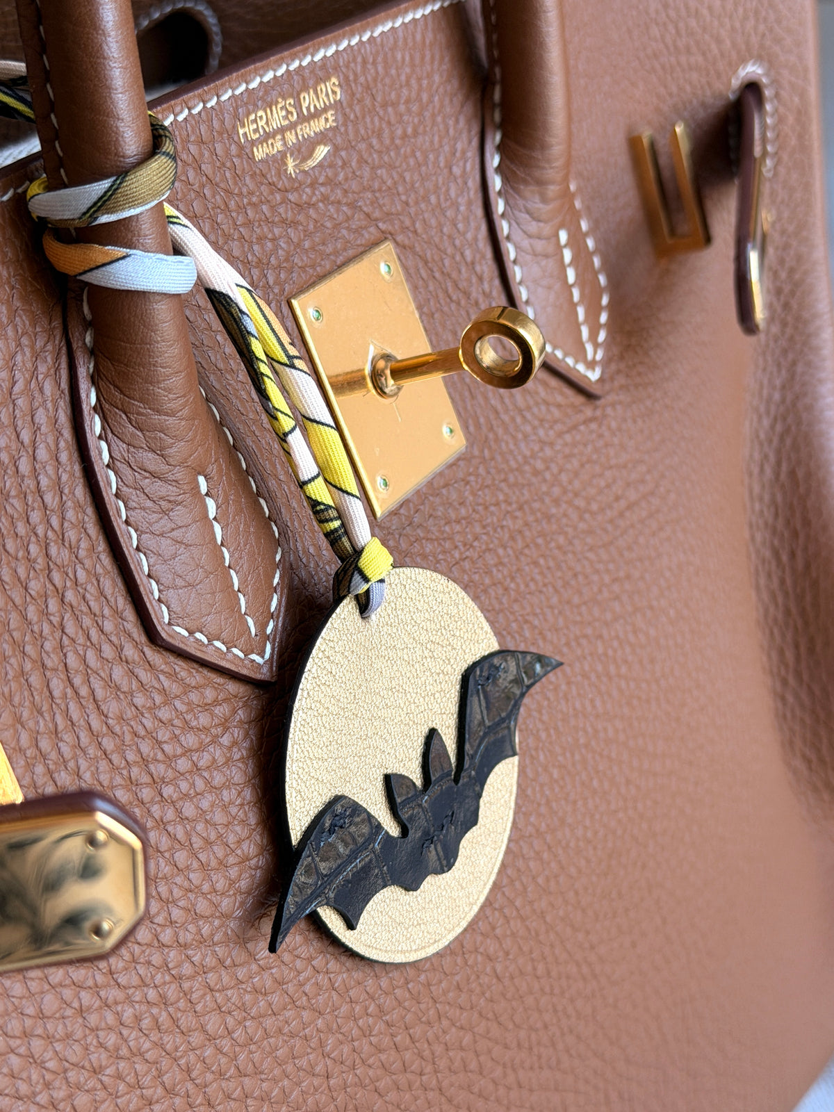 Bat Halloween Bag Charm gold chèvre & matte black crocodile