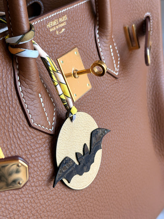 Bat Halloween Bag Charm gold chèvre & matte black crocodile