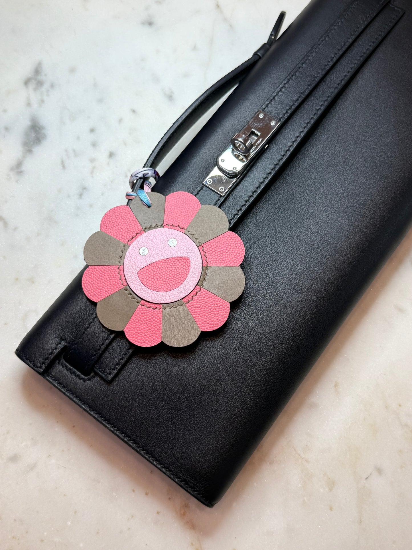 Flower bag charms pink goat, cowhide, calfskin leather.