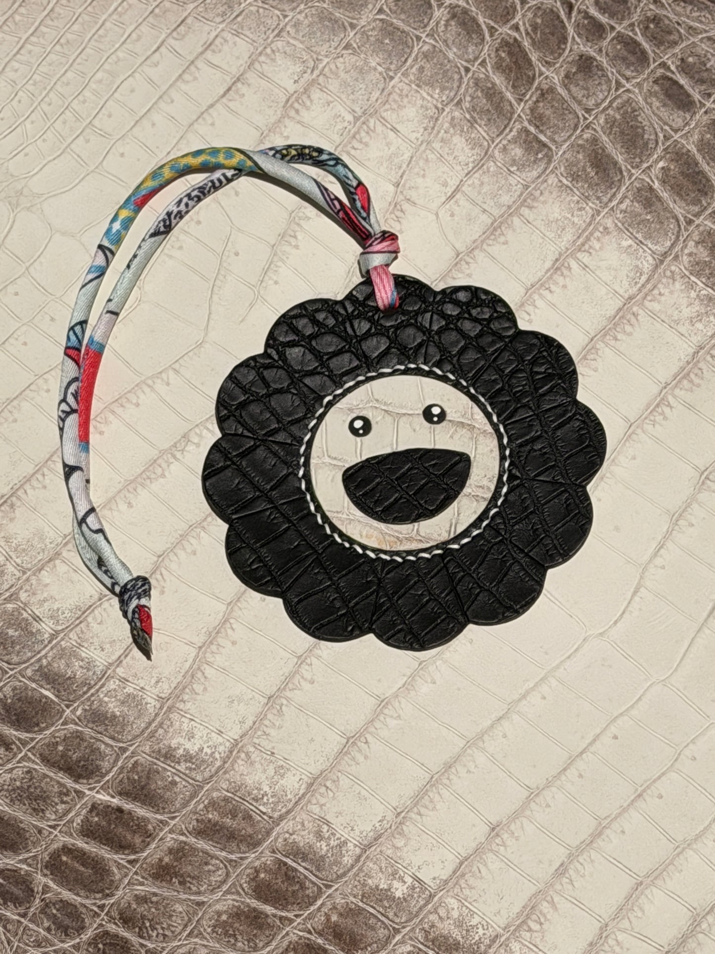 Flower Bag Charm Black Matte Crocodile