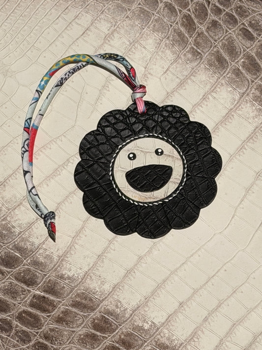 Flower Bag Charm Black Matte Crocodile