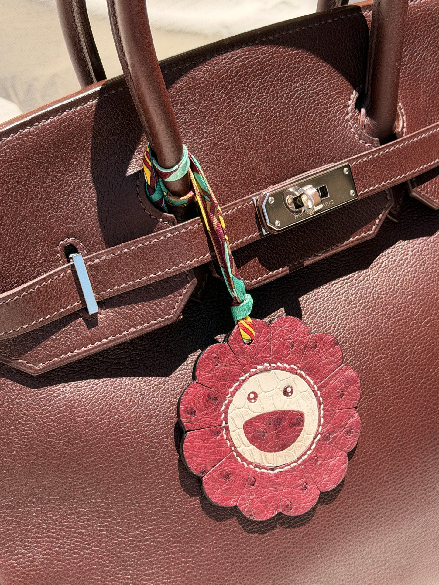 Flower Bag Charm Ostrich Burgundy & Himalaya Crocodile