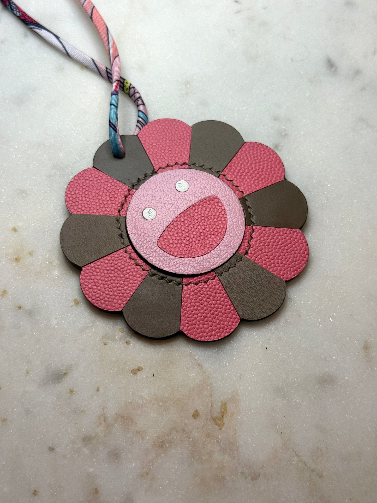 Flower bag charms pink goat, cowhide, calfskin leather.