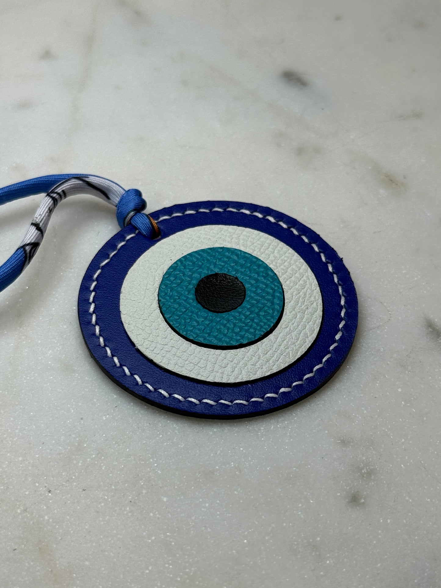 Evil eye bag charms blue and white calfskin
