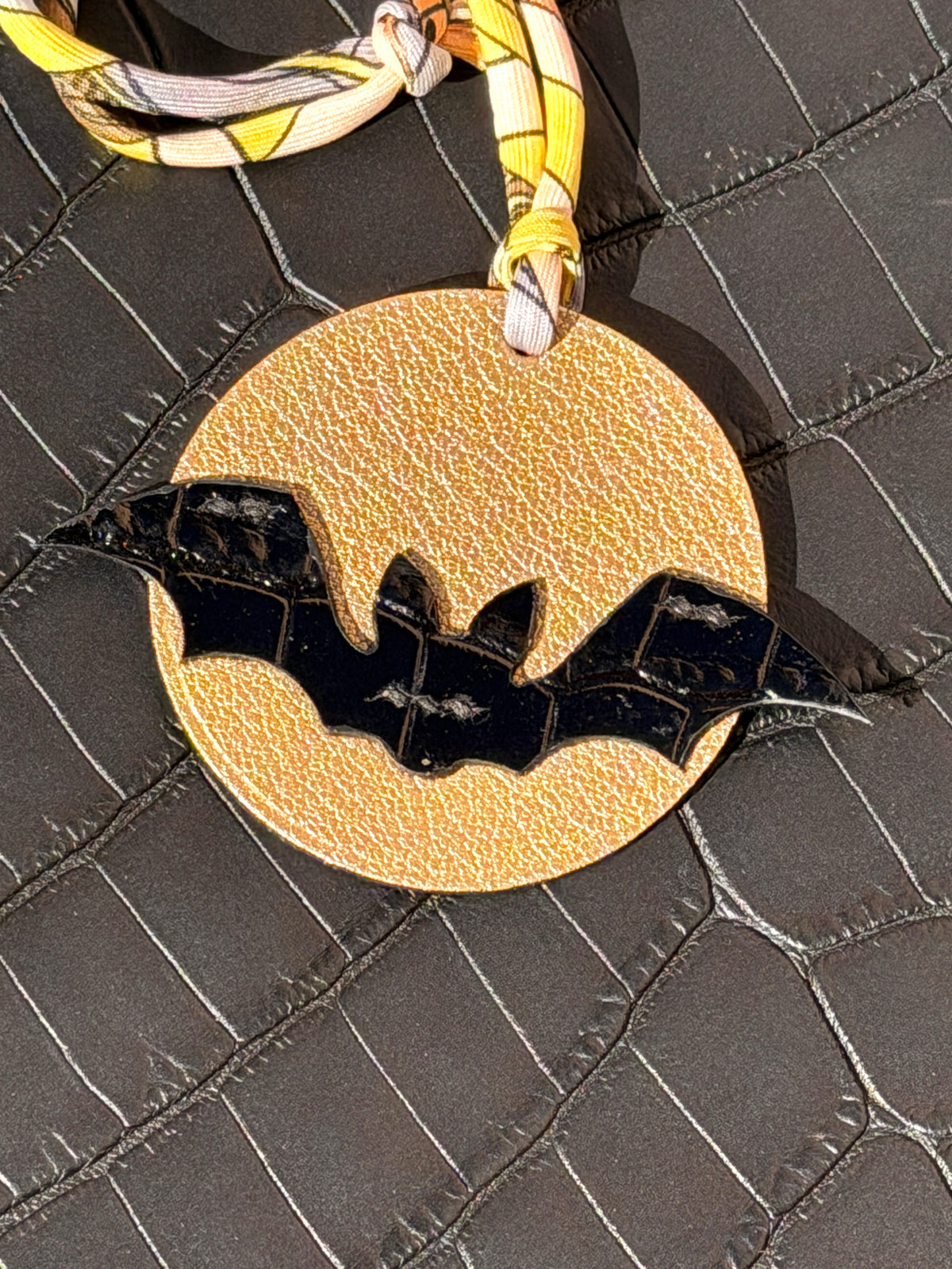 Bat Halloween Bag Charm gold chèvre & matte black crocodile