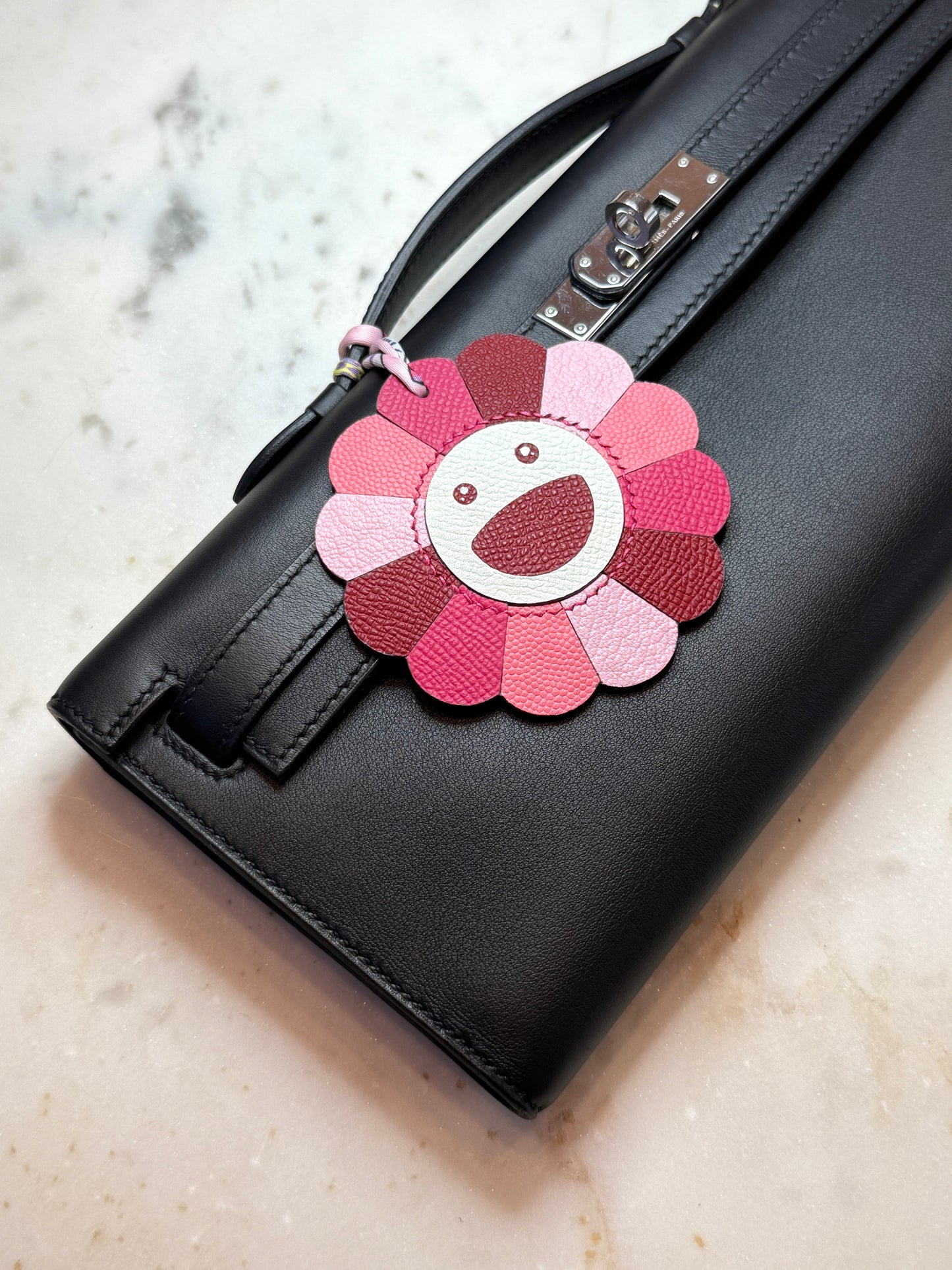 Flower bag charms pink goat, cowhide, calfskin leather.
