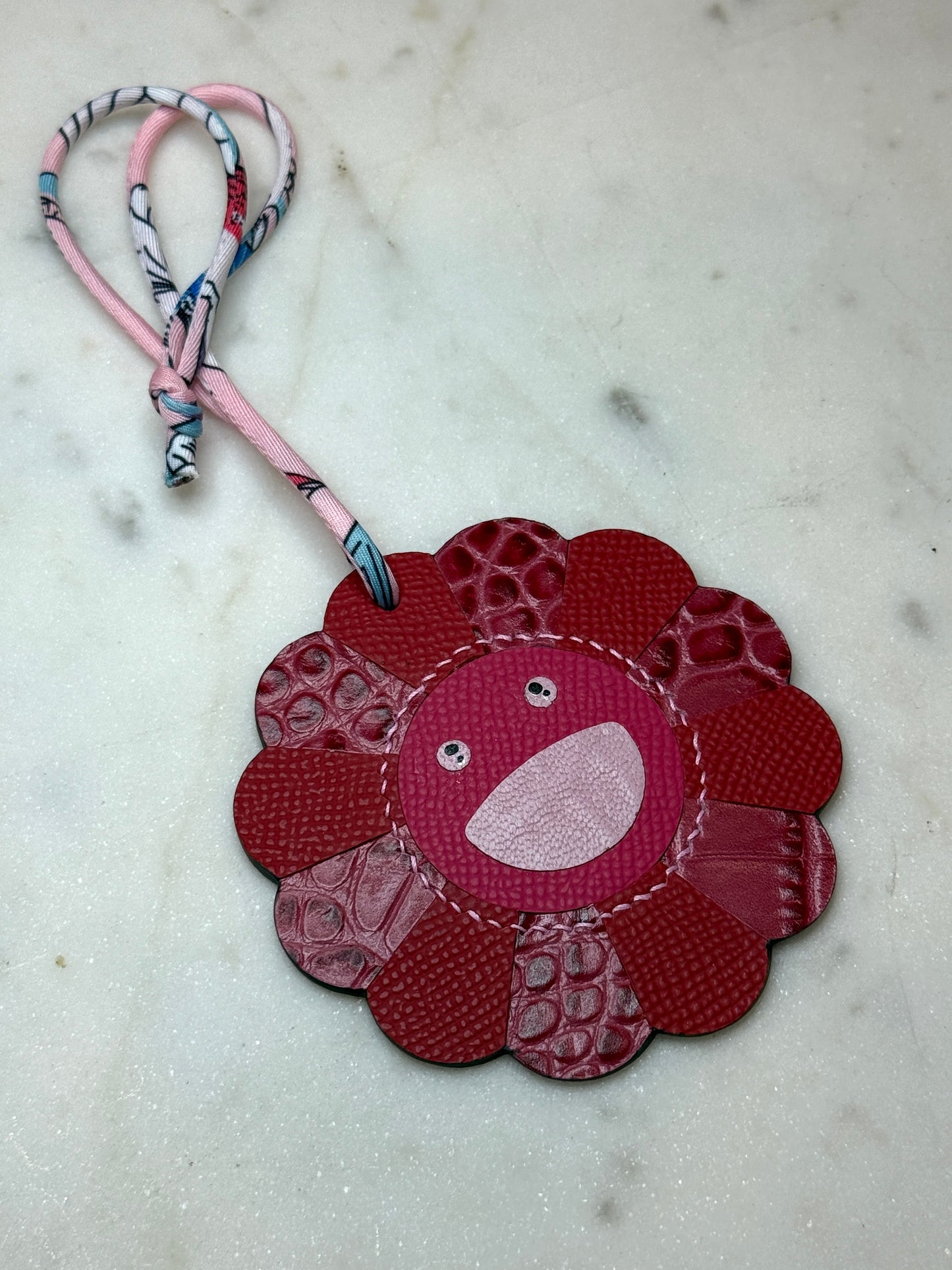 Flower bag charms pink stamped crocodile and calfskin