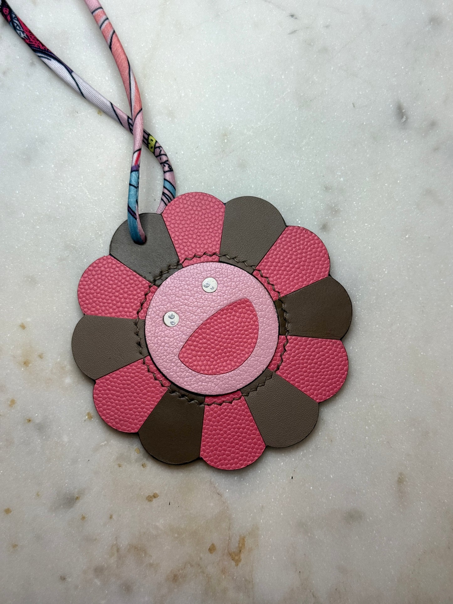 Flower bag charms pink goat, cowhide, calfskin leather.