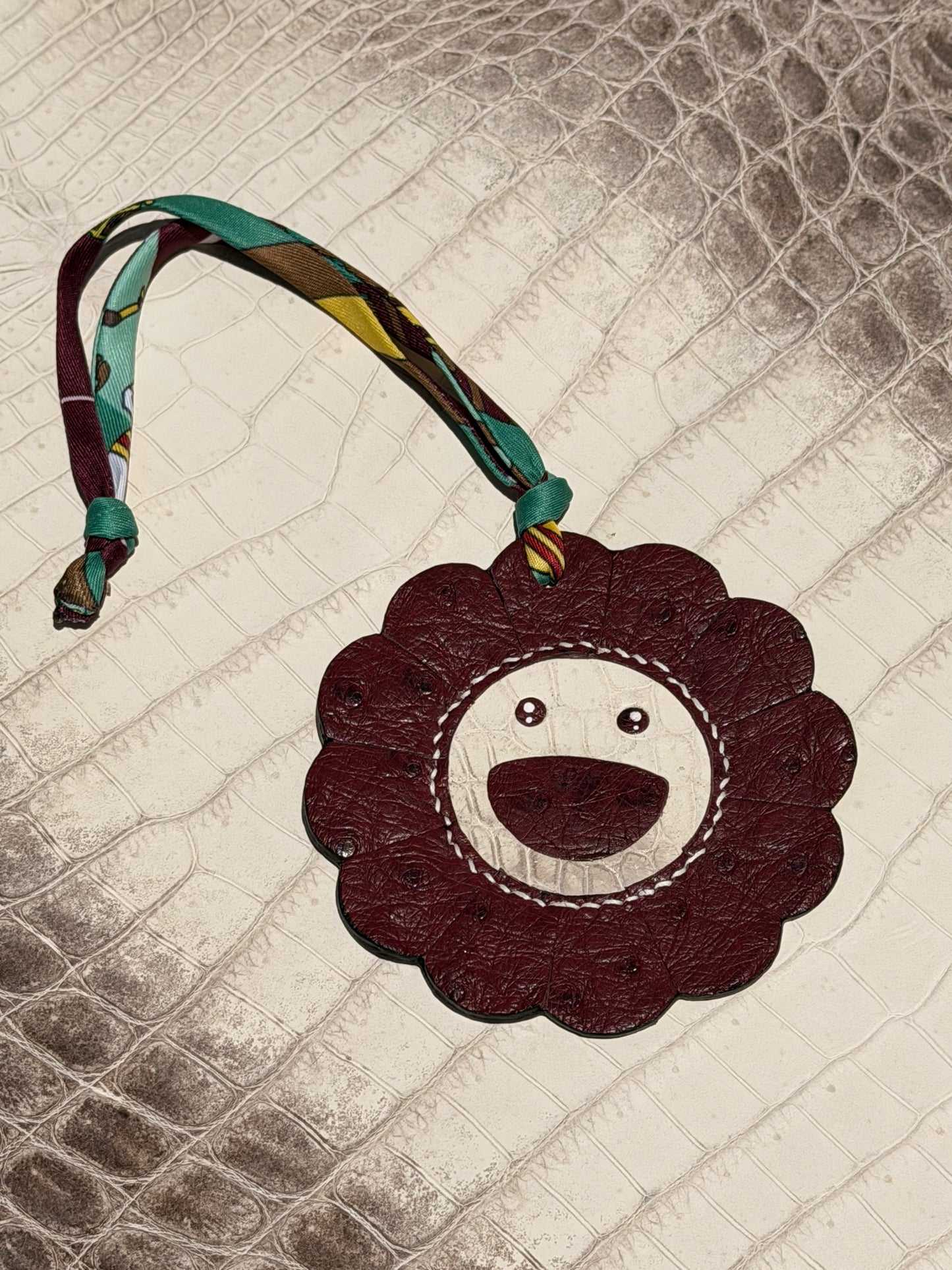 Flower Bag Charm Ostrich Burgundy & Himalaya Crocodile