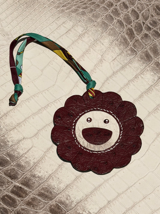 Flower Bag Charm Ostrich Burgundy & Himalaya Crocodile