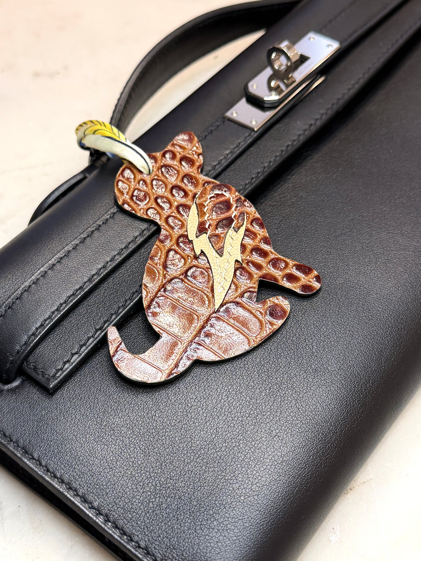 Dog Bag Charm Brown Embossed Crocodile & Beige Goat Skin