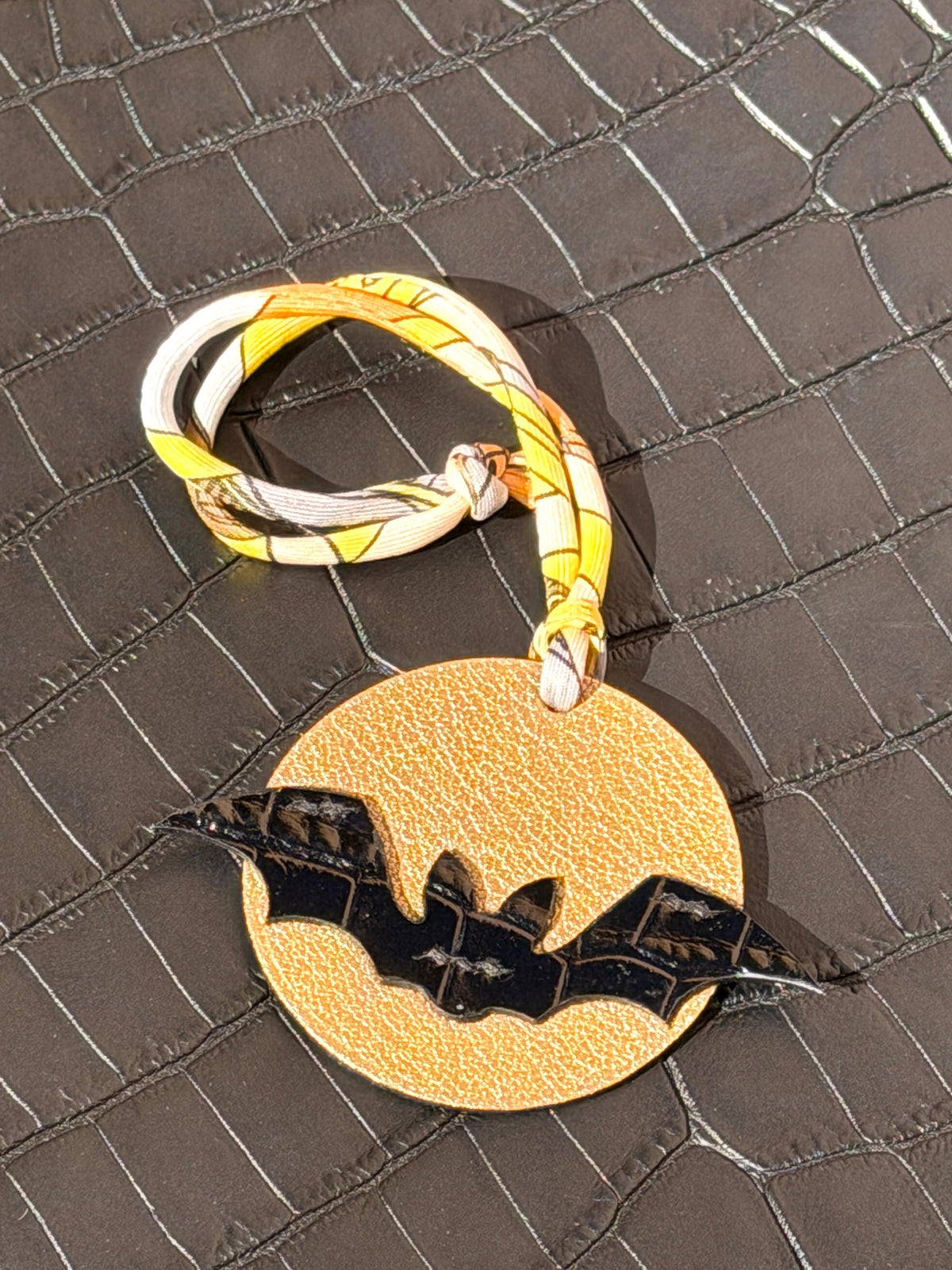 Bat Halloween Bag Charm gold chèvre & matte black crocodile