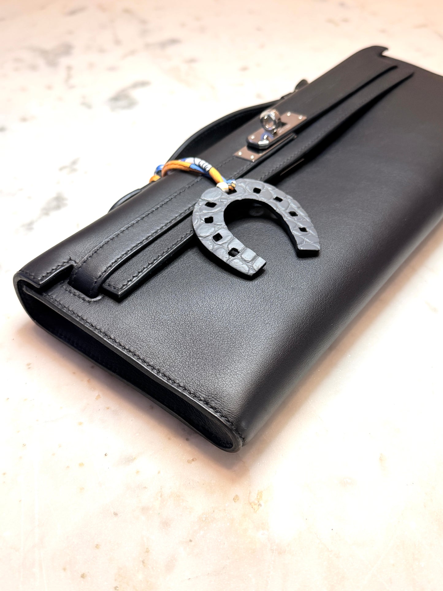 Horseshoe bag charm black crocodile