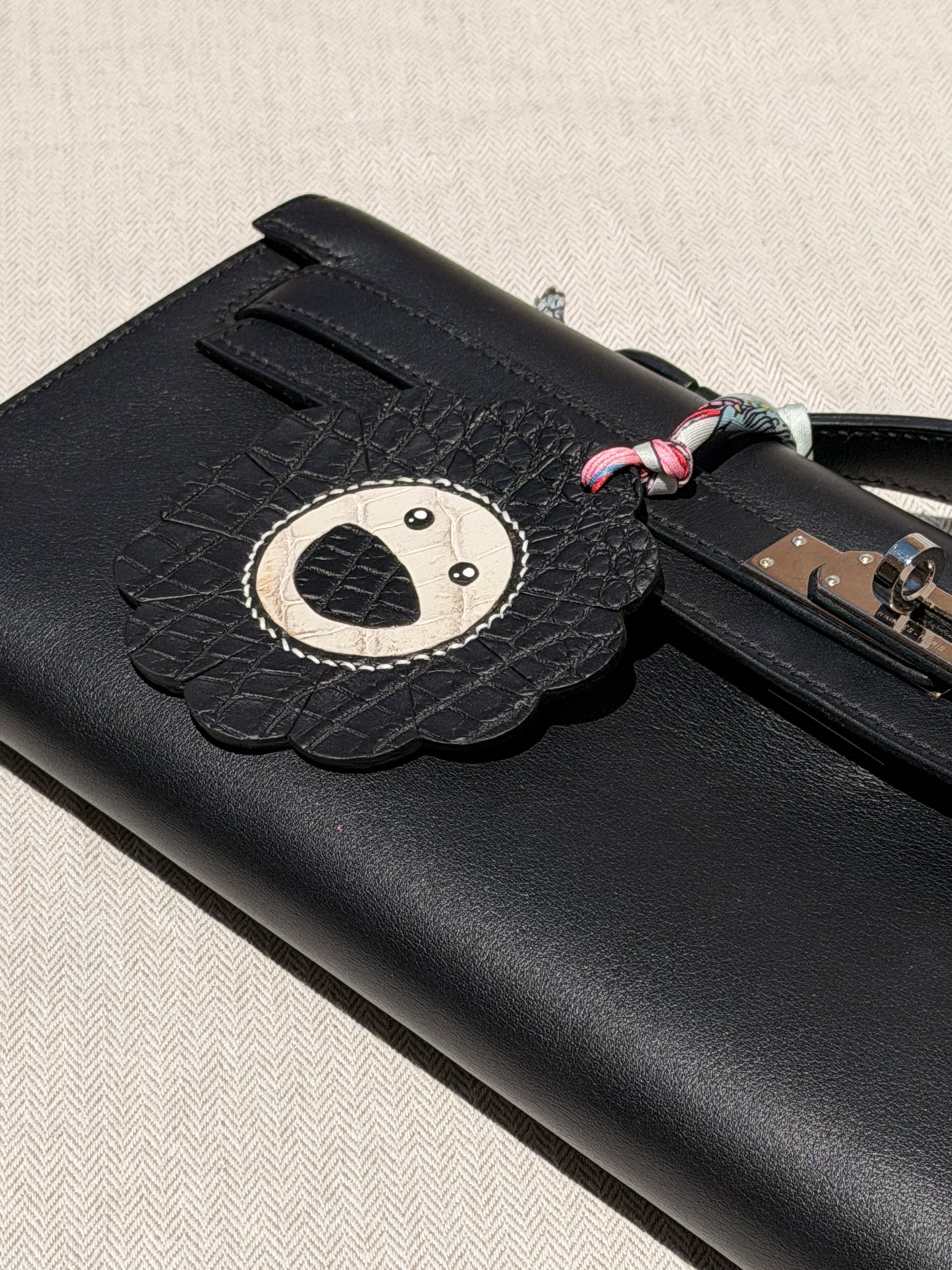 Flower Bag Charm Black Matte Crocodile