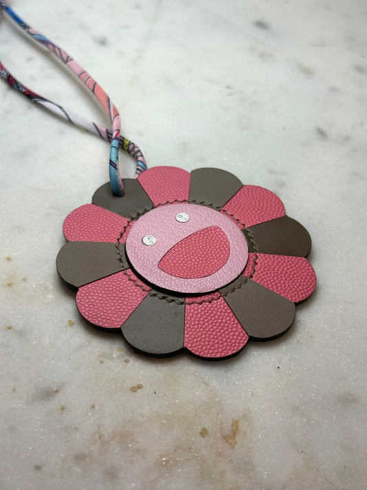 Flower bag charms pink goat, cowhide, calfskin leather.