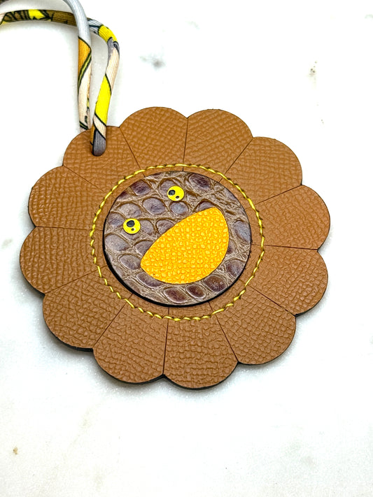 Flower bag charms brown calfskin
