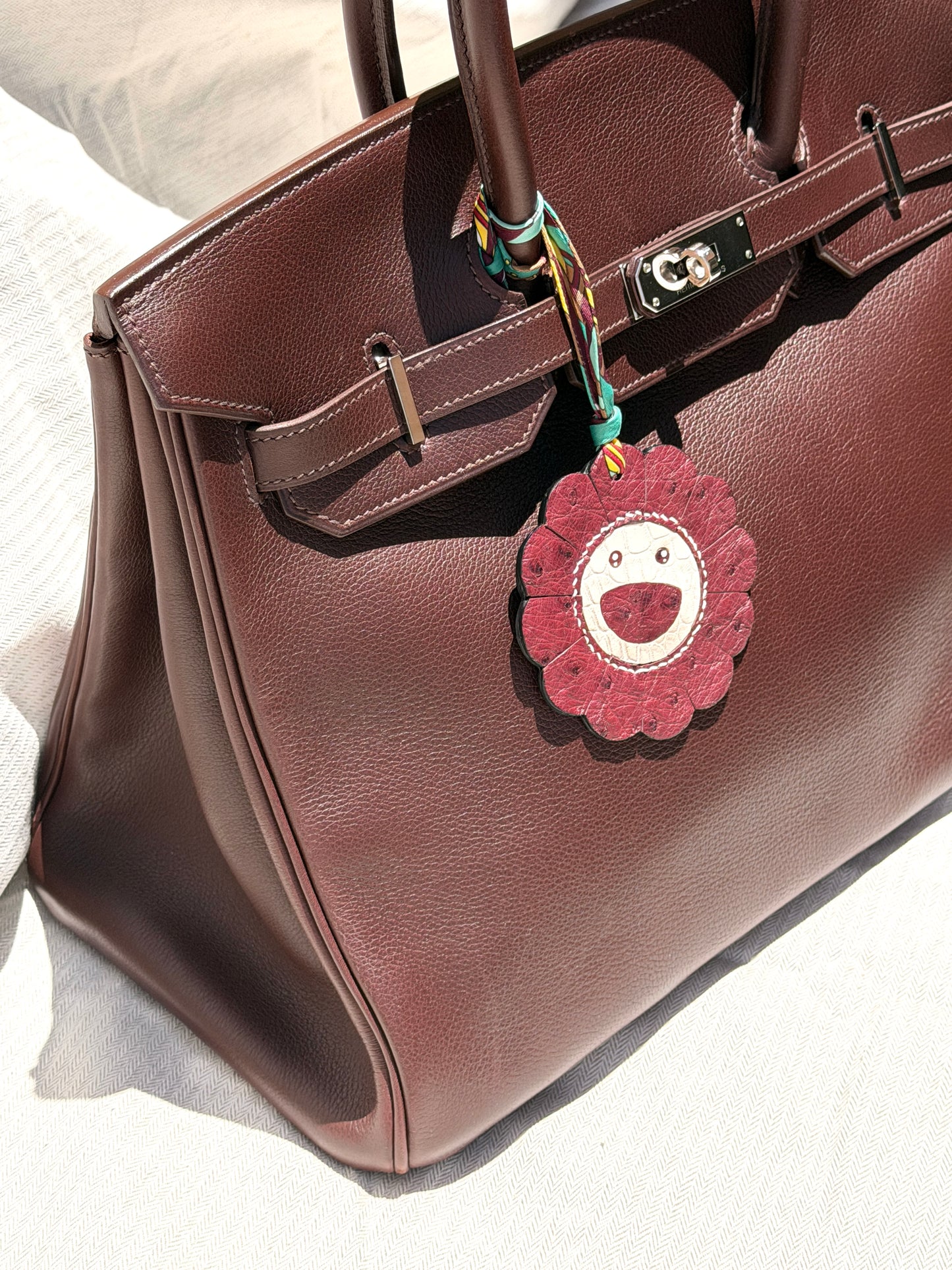 Flower Bag Charm Ostrich Burgundy & Himalaya Crocodile