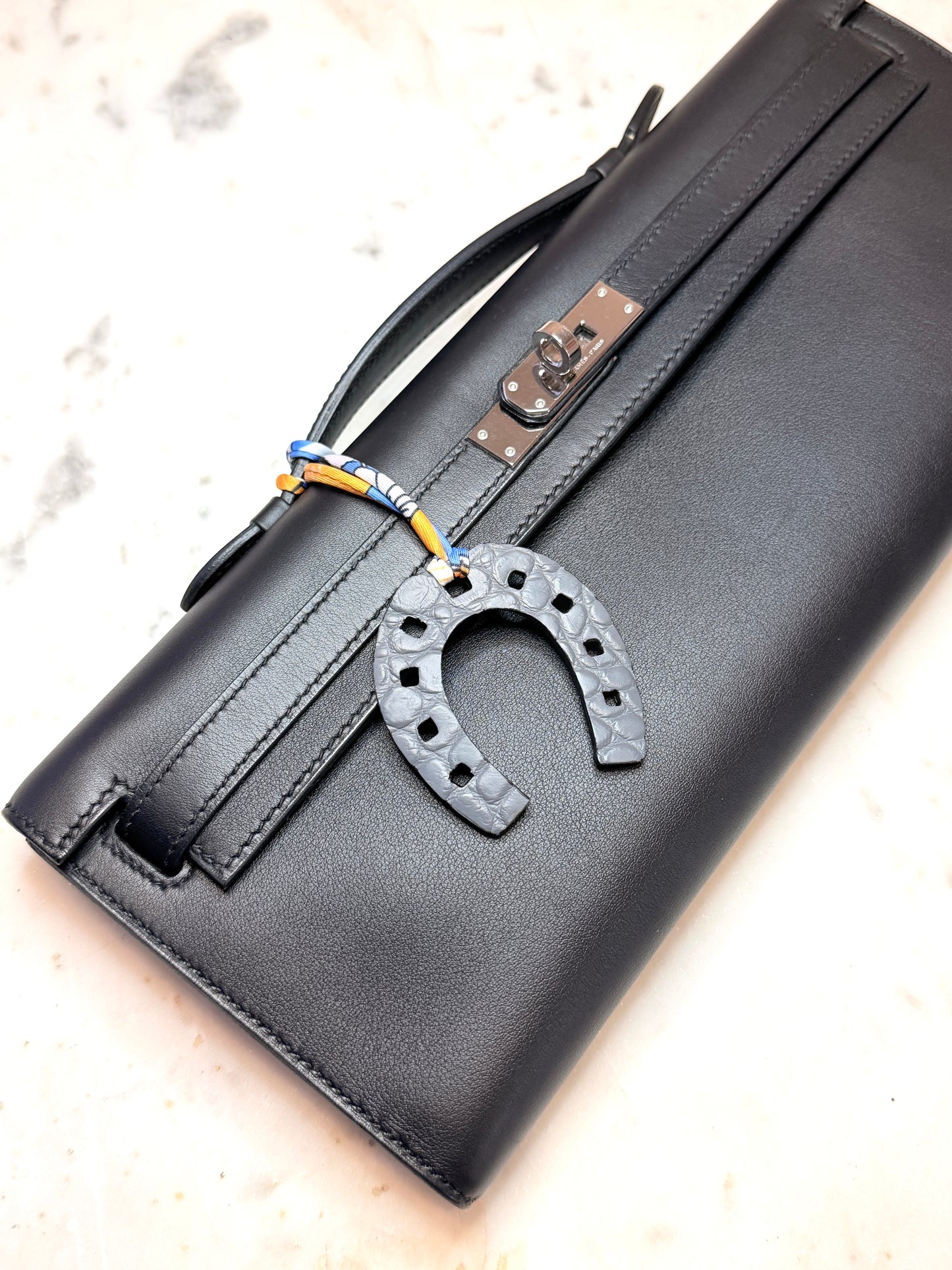 Horseshoe bag charm black crocodile